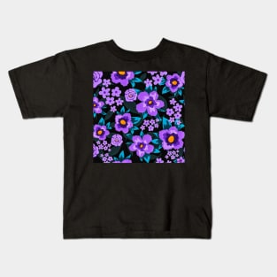 Floral Pattern with Flat Purple Flowers and Leaves Kids T-Shirt